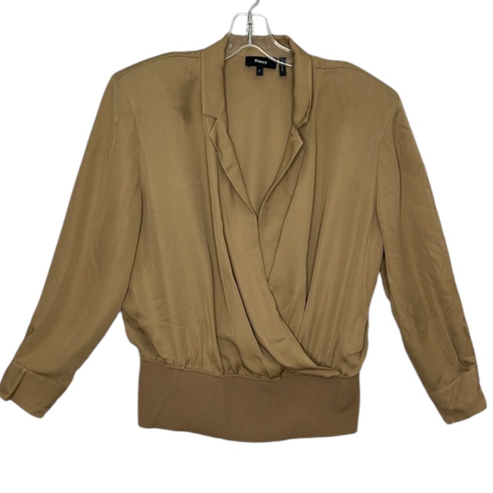 Theory Womens Large Truffle Brown Faux Wrap Front V Neck Notched Collar Silk Top
